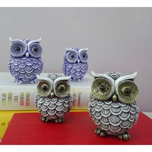 BUF Resin Owl Decoration Cute Animal Home Decoration Crafts Blue and White Porcelain Owl Sculpture Owl Desktop Figurine