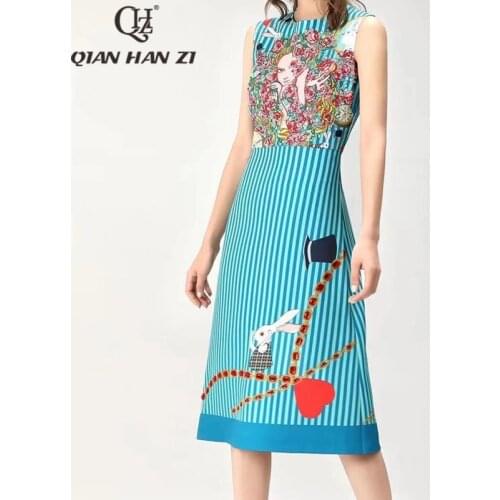 Qian Han Zi spring/summer fashion designer Tank dress elegant Flower stripe print Slim Crystal bead dress Women New 2021
