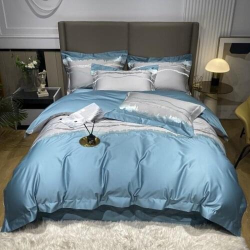 Chic Grey Blue Patchwork Embroidered Duvet cover with zipper closure Luxury 800TC cotton Bedding flat/fitted sheet pillowcase