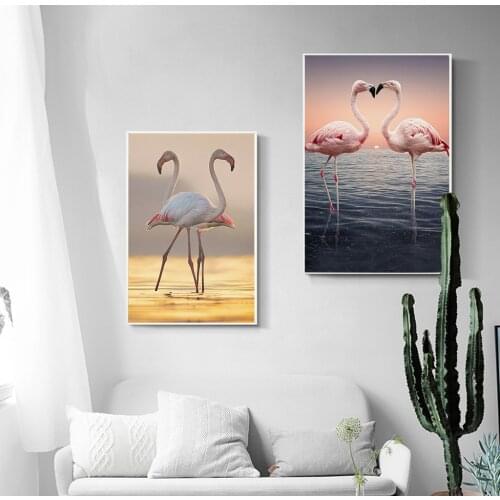 Nordic Abstract Canvas Painting Flamingos Seaside Beach Retro Posters Wall Art Prints Picture Modern For Living Home Decor