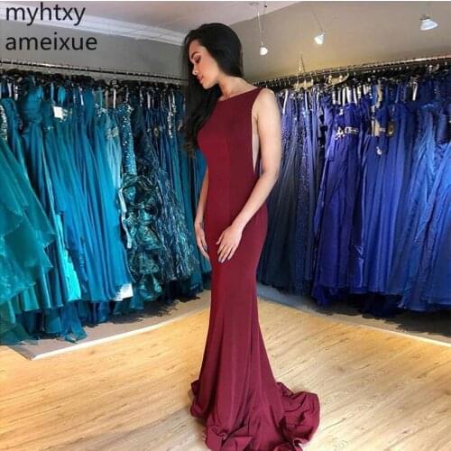 Sexy Long Burgundy Red Cheap Prom Dresses Scoop Custom Neck Backless Elastic Satin Formal Party Mermaid Style Sweep Train Gowns