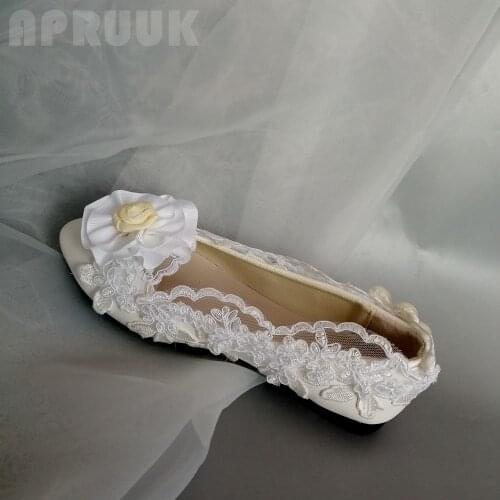 White flower lace wedding flats shoes woman handmade sweet design fairy ladies flower girl party ceremony performance shoes