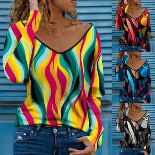 Lady Blouse V Neck Tshirt Womens Summer Casual Abstract Print T Shirt Tops Female Streetwear Y2K Long Sleeve Clothes Tees Mujer