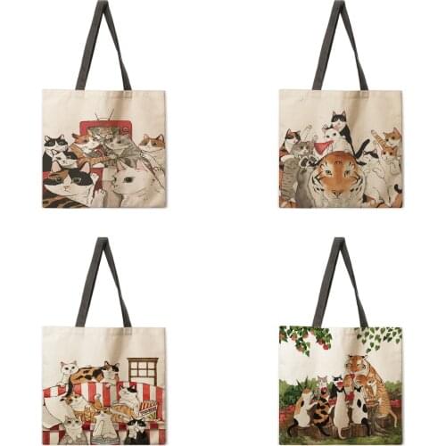 Womens beach bag foldable shoulder bag shopping bag pet cat print tote bag linen casual tote bag reusable