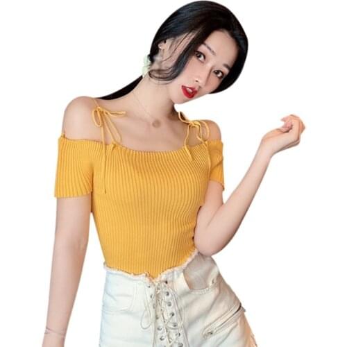 Women Sexy Solid Color Slash Neck Tshirt Female Short Sleeve Slim Aesthetics Graphic Cotton T-shirt Camisetas Verano Mujer