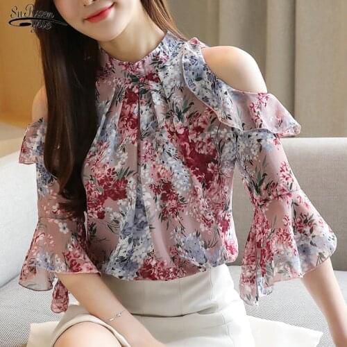 Blusas Mujer De Moda 2020 Summer Chiffon OL Short Sleeve Shirt Women Loose Flower Off-Shoulder Pullover Blouse Women top 8982 50