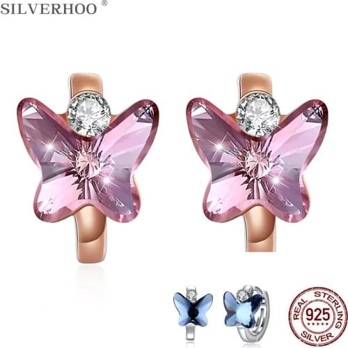 SILVERHOO Butterfly Stud Earrings 925 Silver Champagne Color Earrings With Pink Austria Crystal Women Wedding Party Fine Jewelry