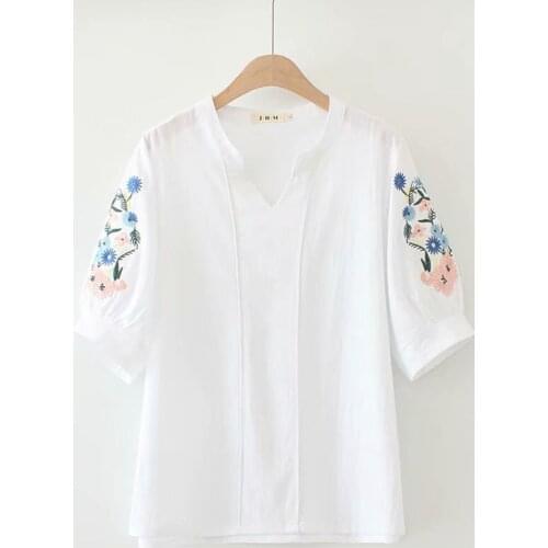 Plus Size XL-4XL White Blue Summer Tops Women Floral Embroidered V-neck T shirts Half Sleeve Fork Shirts