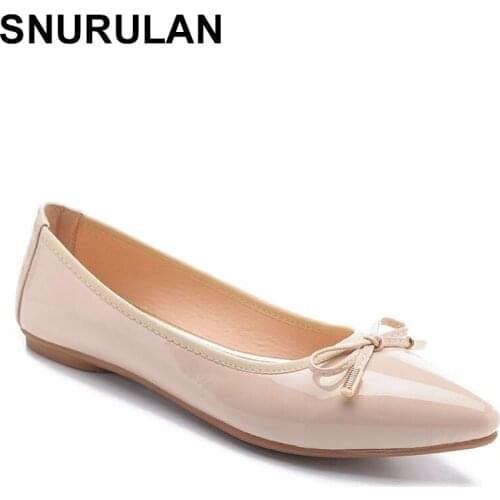 SNURULAN Summer New Women Fashion Concise Soft Flats Non-slip Shallow Bowknot Patent Leather Flats Lady Pointed Toe Breathable