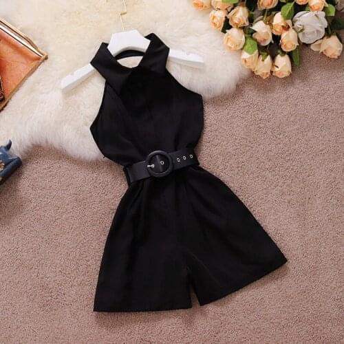 Summer New CHIC Sleeveless Women Playsuit Sexy Halter Neck Backless Belted Waist Wide Leg Short Jumpsuits