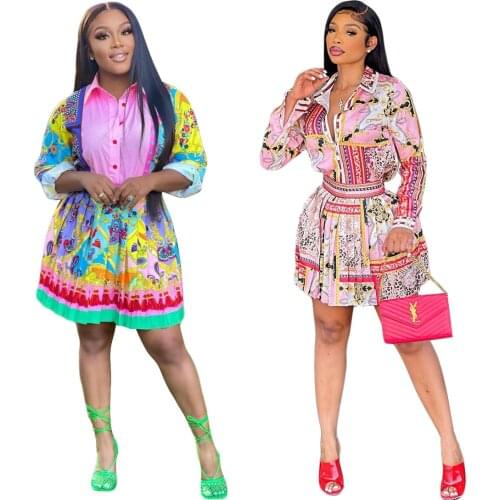 RStylish Vintage Print 2021 Autumn Tracksuit Full Sleeve Shirt Pleated Mini Skirt Streetwear Fashion Women 2 Piece Set