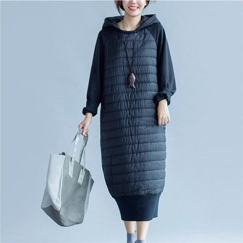 Winter Cotton Clothing 2020 New Patchwork Batwing Sleeves Loose Hooded Dresses Women Casual Solid Oversized Dress Vestidos Black