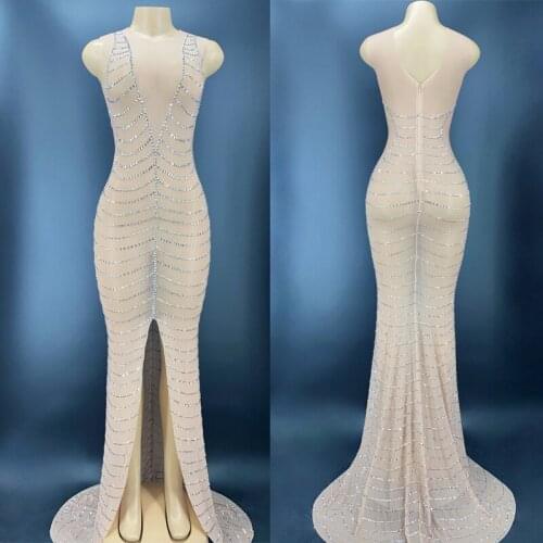 Singer Stage Costume Femlae Elegant Rhinestone Sleeveless Evening Dresses Birthday Outfit Host Clothing Trailing Dress VDB4143