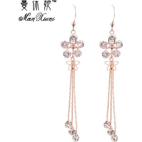 2018 Dangle Sun Flower Rose Gold Colored Rhinestone Tassel Drop Earrings Fashion Jewelry Long Crystal Earrings For Women