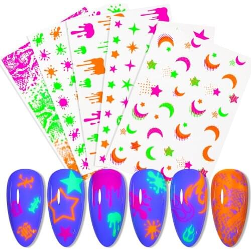 3D Fluorescent Water Stickers Luminous Transfer Slider Decaration Nail Art Stars Moon DIY Sticker For Women Manicures