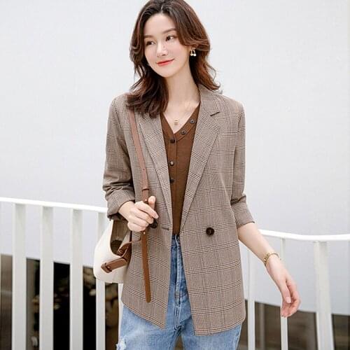 Blazers Women Suit 65% Polyester Fabric Single Button Casual Retro Long Sleeves Ladies Plaid Suit Office Style Spring Autumn