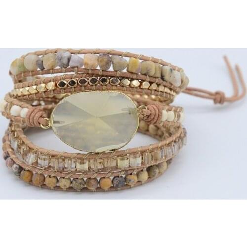 Handmade Stone Beaded Bracelet New Bohemia Crystal Pendant Wrap Bracelet Vintage Leather Wrap Women Bracelet