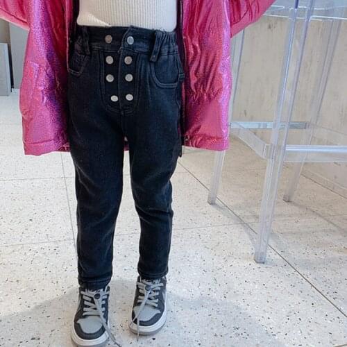 DFXD Plus Velvet Thick Baby Girls Jeans Pants For 2-8Yrs Winter Double Breasted Elasticity Slim Pencil Pants Warm Denim Trousers