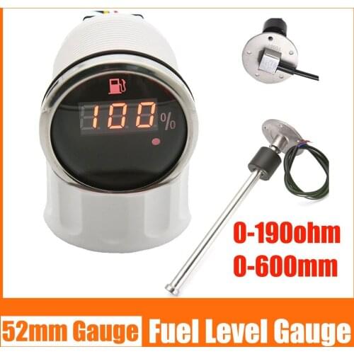 52MM Fuel Level Gauge 0-190Ohm Fuel Level Sensor Auto Digital 100% Warning Light Red Backlight Boat Marine Truck Car Meter