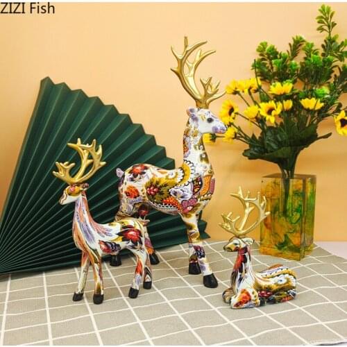 2 Pcs/set Painted Deer Crafts Ornaments Animal Resins Statue Desktop Decor Deer Sculpture Artwork Figurines Home Decoration