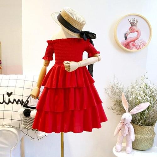 DFXD Kids Baby Girls Party Dress Princess Red Off Shoulder Short Sleeve Crumpling Cake Dresses Summer Clothes 2-7T Girls Outfits