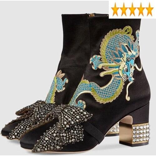 Dragon Women Embroidery Vintage Silk Ankle Design Runway Diamonds Bowknot Boots Sequare Toe Block High Heels Shoes