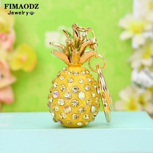 FIMAODZ Cute Watermelon Pineapple Keychain Korean Cubic Zirconia Crystal Fruit Apple Pendant Key Chain Women Kids Keyring Gift