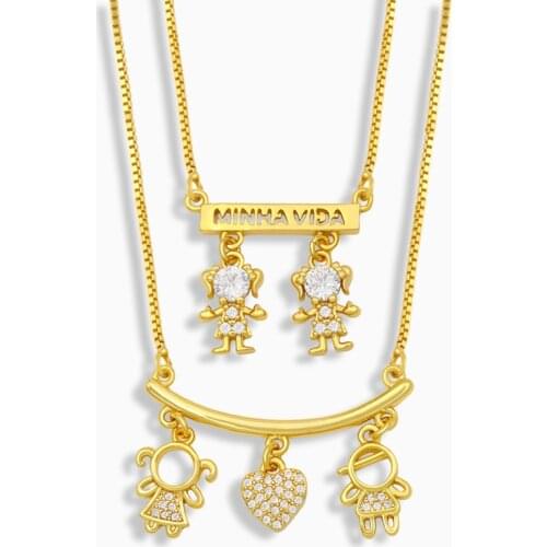 FLOLA Gold Plated Girls And Boys Charms Necklace For Women CZ Zirconia Heart Couple Pendant Necklace Wholesale Jewelry nkev13
