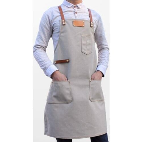Gray Canvas Apron Cowhide Leather Strap Barista Bartender BBQ Pastry Chef Waitstaff Uniform Barber Florist Painter Work Wear B50