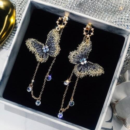 Korean Fashion Jewelry Earrings Tassel Retro Long Drop Earrings Chain Metal Crystal Butterfly Dangle Earrings Statement Brincos