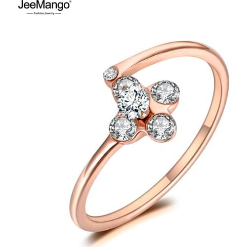 JeeMango New CZ Crystal Flower Ring Stainless Steel Jewelry Rose Gold Color Cute Style For Girl Christmas/New Year Gift JR19107