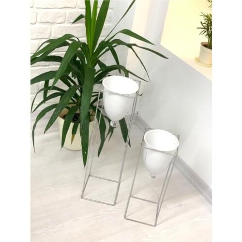 Silver color 2'li metal pedestal pot flower bed large size vase corner decor set, decorative vase