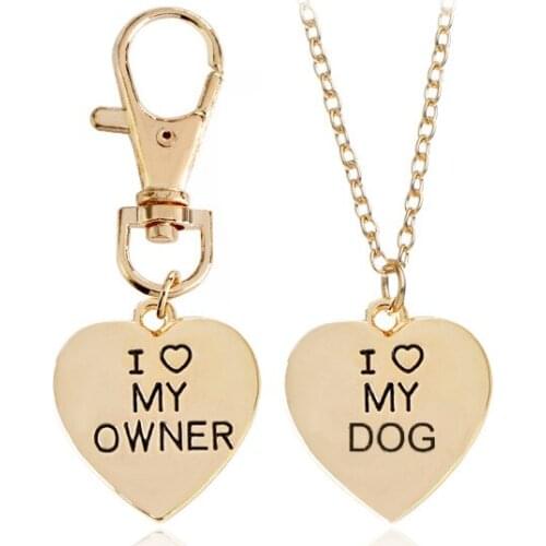 Fashion Trendy Heary Dog Pendant Necklaces Keychain Set Letter "I Love My Dog""I Love My Owner"Charms Statement Choker Necklace