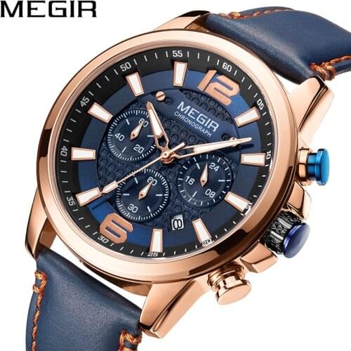 MEGIR Mens Watches Top Brand Luxury Blue Leather Military Quartz Wrist Watch Men Luminous Sports Watch Man Relogio Masculino