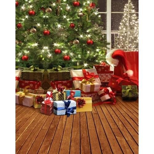 Christmas Photography Backdrops Christmas Tree Gift Boxes Brown Wooden Floor 3D Backgrounds for Photo Studio Party Customized
