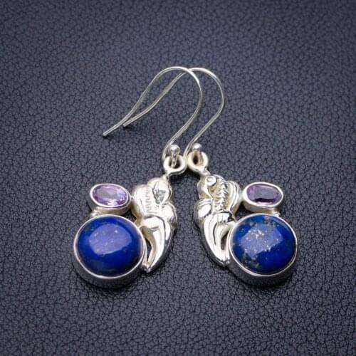 StarGems Natural Lapis Lazuli And Amethyst Bird Handmade 925 Sterling Silver Earrings 1.5" E1295