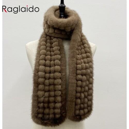 Natural Mink Fur Ball Scarf for Women Winter Warm Shawls 150cmx12cm