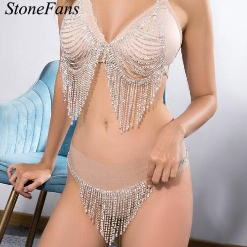 Stonefans Bling Rhinestone Long Tassel Body Jewelry Waist Chains for Women Sexy Crystal Body Chain Set Bikini Beach Jewelry Set