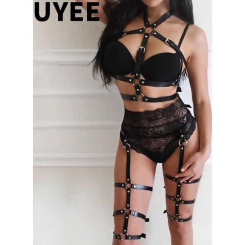 UYEE 2PCS Women Sexy Leather Harness Underwear Harajuku Punk Gothic Bridal Stockings Garter Belt Fetish Erotic Accessories