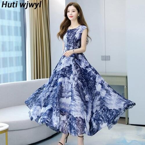 4XL Oversize Vintage Vacation Dress Women Bodycon Party Sexy Sleeveless Vestido 2021 Summer Floral Chiffon Boho Beach Maxi Dress