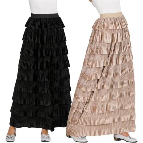Fashion Muslim Women Velvet Stretch Layered Skirt High Waist Pleated Islamic Maxi Skirts A-line Arab Casual Lady Skirts Bottoms