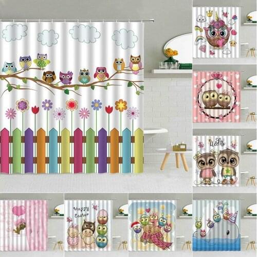 Cartoon Cute Owl Shower Curtain Forest Bird Flower Garden Kids Bathroom Bathtub Decor Screen Waterproof Cloth Hooks Curtains Set