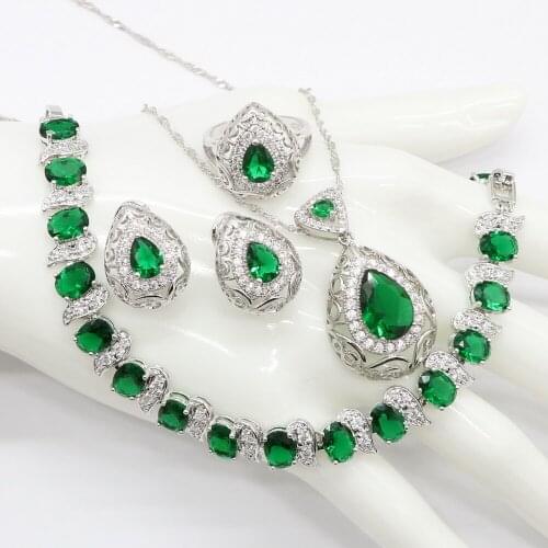 Green Cubic Zirconia Sterling Silver Trendy Pendant Necklace Earring Bracelet and Ring Jewelry Sets for Ladies Fashion Gift