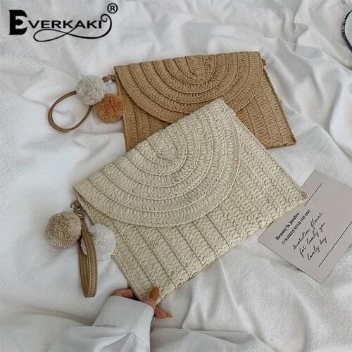 Everkaki Boho Knitted Shoulder Bags Women Summer Beach Straw Rattan Woven Handbag with Yarn Ball Messenger Crossbody Bags 2021