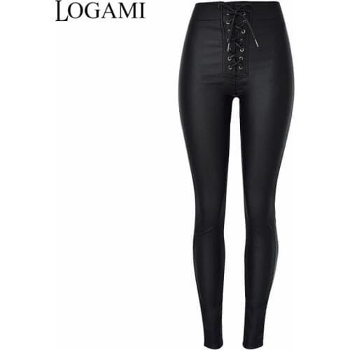 LOGAMI High Waist Leather Pants Women Lace Up Womens Pants Black Pu Leather Pencil Trousers