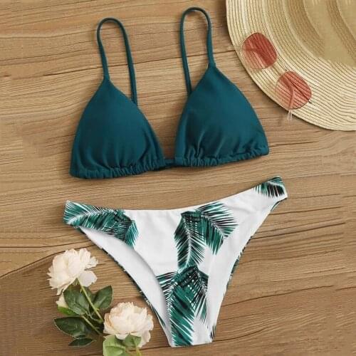 TELOTUNY Womens swimsuits Women Leaf Random Print Bikini Set Push-Up Padded Bra Swimwear Beachwear Summer Brazilian Bikini 2021