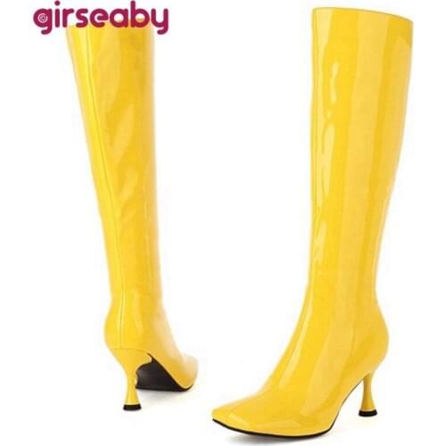 Girseaby Women Luxury Modern Knee High Boots Patent Leather Zipper Pointed Toe Stileeto Heel Ladies Party Plus Size 33-46 S2462