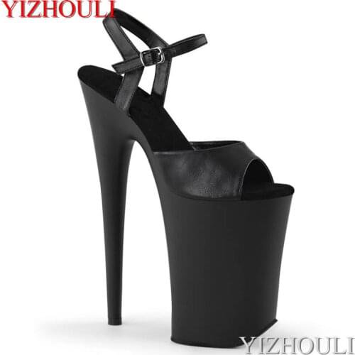 Nightclub womens pole dancing sandals, matte black buckle boot heel 23cm, 9in model stage show heels, dancing shoes