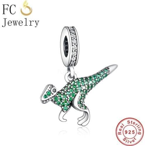 FC Jewelry Fit Original Charm Bracelet Authentic 925 Sterling Silver Green Zircon Dinosaur Bead For Making Women Berloque 2021