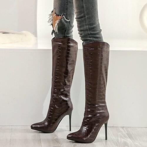 Winter Plush Knee High Boots Women Boots Faux Leather High Heel Long Boots Fahion Pointed Toe Autumn Woman Boots Shoes 2019 New